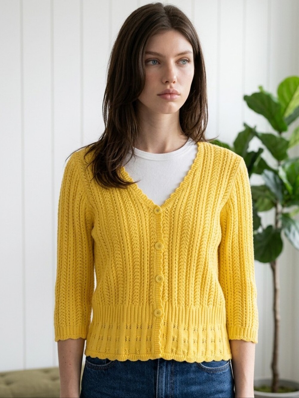 NOTATIONS Bright Yellow Pointelle Button Cardigan